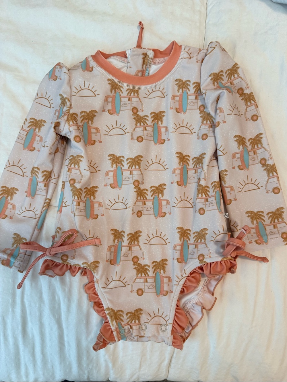 Caden Lane Peach and Teal Surf Van Long-Sleeve One-Piece
